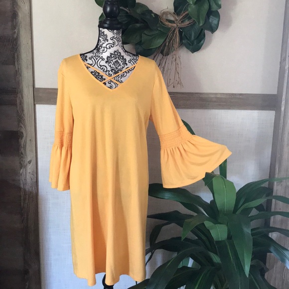 Dresses & Skirts - Sunshine Yellow Lace Up Bell Sleeve Dress